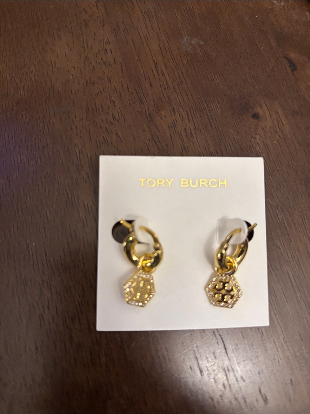 Brand new Tory Burch Gold Link Earrings with Hexagon Logo Charm earrings